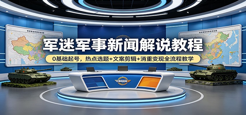 军迷军事新闻解说教程：0基础起号，热点选题+文案剪辑+消重变现全流程教学-雨航网
