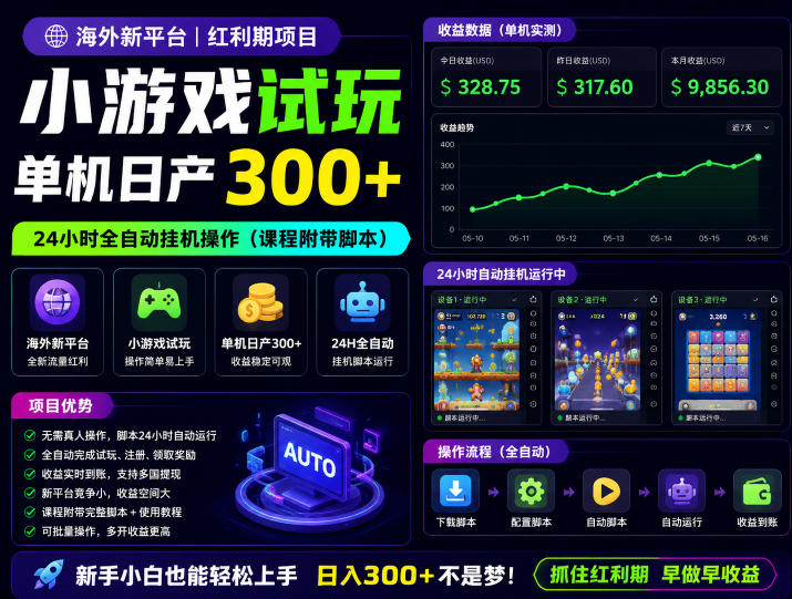 海外新平台，小游戏试玩，单机日产300+，24小时全自动挂G操作(课程附带脚本)【揭秘】-雨航网