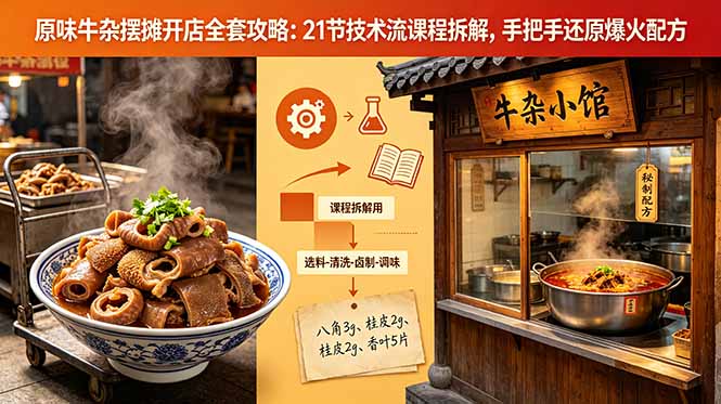 原味牛杂摆摊开店全套攻略:21节技术流课程拆解,手把手还原爆火配方-雨航网