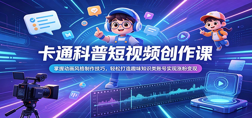 卡通科普短视频创作课：掌握动画风格制作技巧，轻松打造趣味知识类账号实现涨粉变现-雨航网