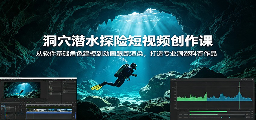 洞穴潜水探险短视频创作课：从软件基础角色建模到动画跟踪渲染，打造专业洞潜科普作品-雨航网