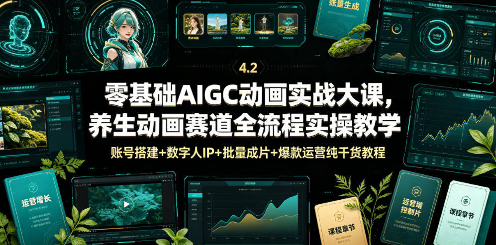 零基础AIGC动画实战大课，养生动画赛道全流程实操教学，账号搭建+数字人IP+批量成片+爆款运营纯干货教程-雨航网