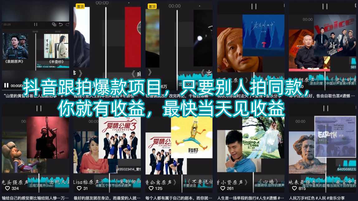抖音跟拍爆款项目，只要别人拍同款，你就有收益，最快当天见收益-雨航网
