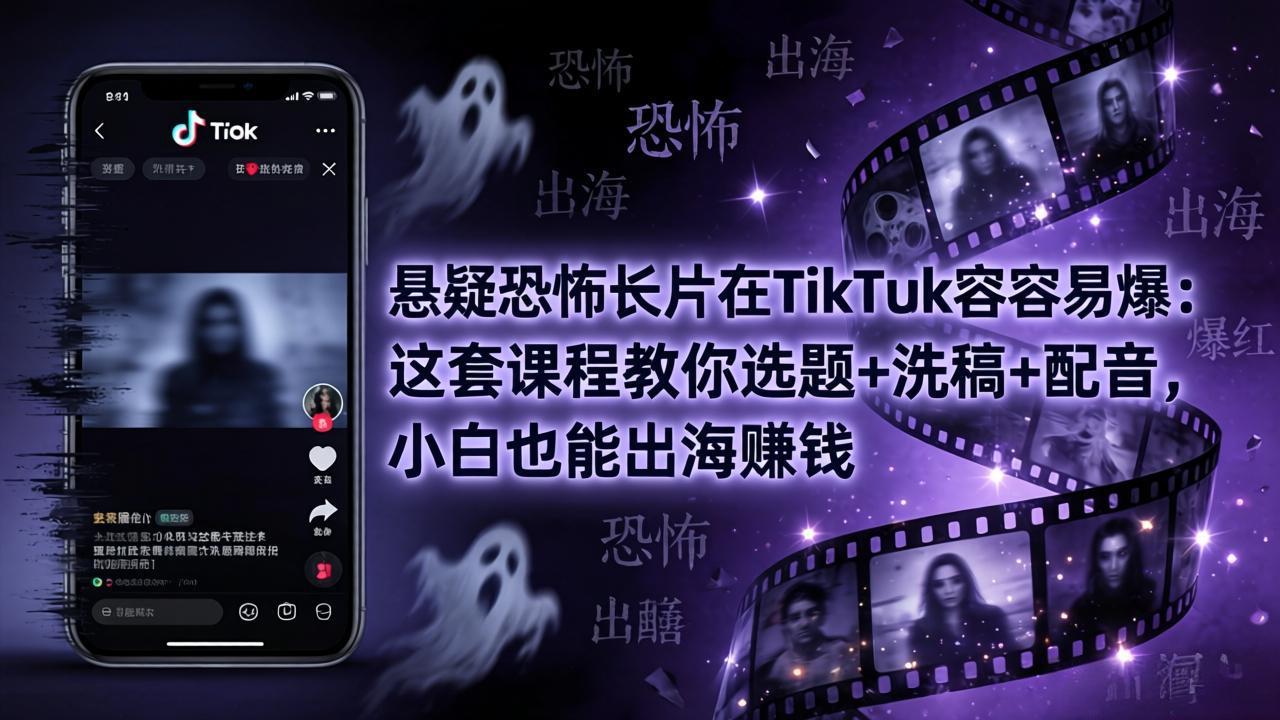 悬疑恐怖长片在TikTok最容易爆：这套课程教你选题+洗稿+配音，小白也能出海赚钱-雨航网