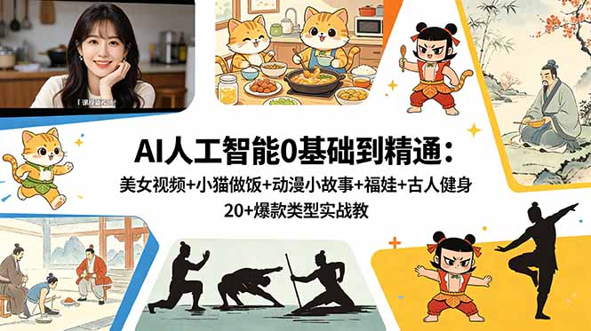 AI人工智能0基础到精通：美女视频+小猫做饭+动漫小故事+福娃+古人健身，20+爆款类型实战教学-雨航网