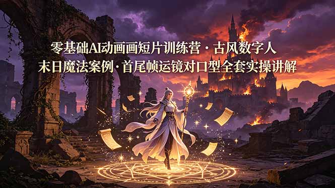 零基础AI动画短片训练营，古风数字人末日魔法案例，首尾帧运镜对口型全套实操讲解-雨航网
