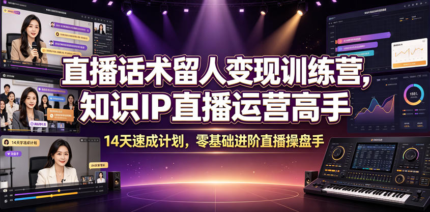 直播话术留人变现训练营，知识IP直播运营高手，14天速成计划，零基础进阶直播操盘手-雨航网