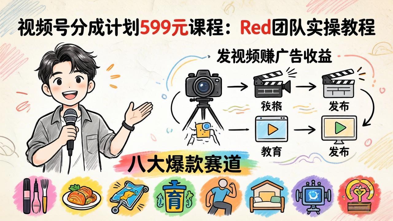 视频号分成计划599元课程：Red团队实操教程，发视频赚广告收益，八大爆款赛道全掌握-雨航网