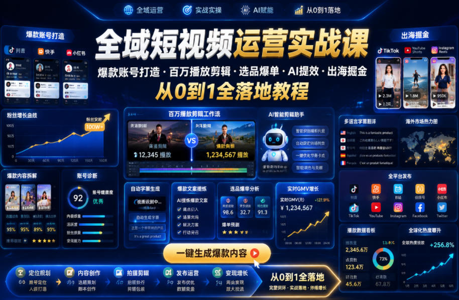 全域短视频运营实战课，爆款账号打造・百万播放剪辑・选品爆单・AI提效・出海掘金，从0到1全落地教程-雨航网