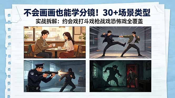 不会画画也能学分镜!30+场景类型实战拆解:约会戏打斗戏枪战戏恐怖戏全覆盖-雨航网