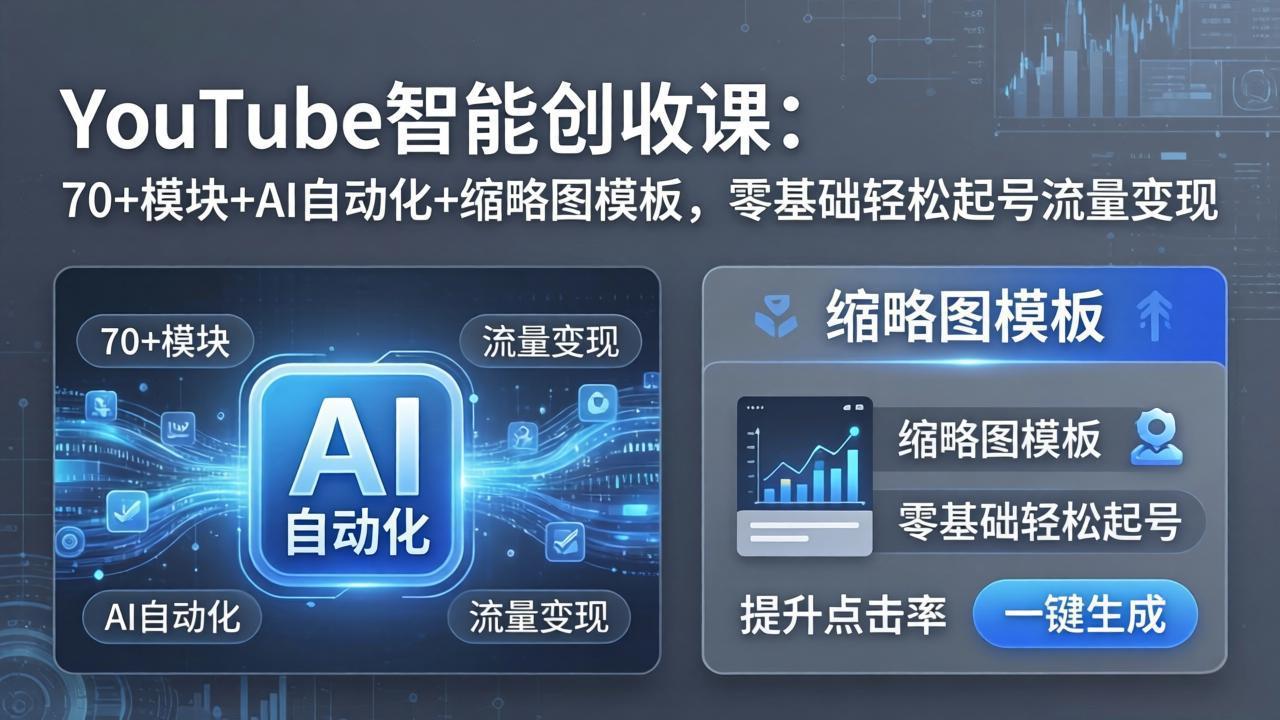 YouTube智能创收课：70+模块+AI自动化+缩略图模板，零基础轻松起号流量变现-雨航网