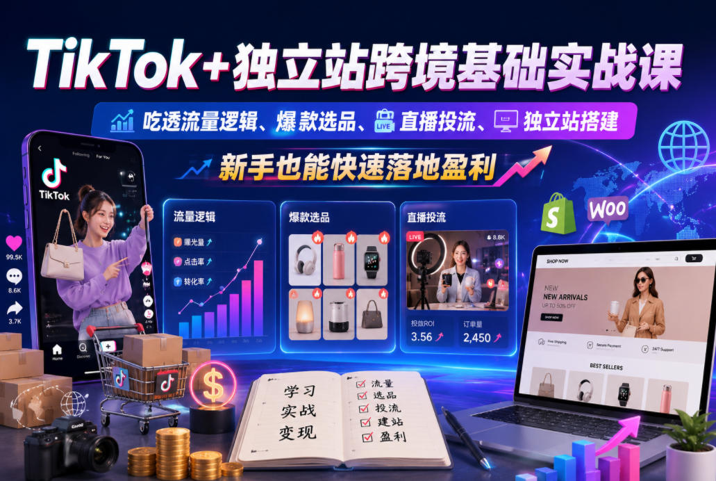 TikTok+独立站跨境基础实战课，吃透流量逻辑、爆款选品、直播投流与独立站搭建，新手也能快速落地盈利-雨航网
