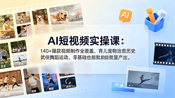 AI短视频实操课：140+爆款视频制作全覆盖，育儿宠物治愈历史武侠舞蹈运动，零基础也能批量产出-雨航网