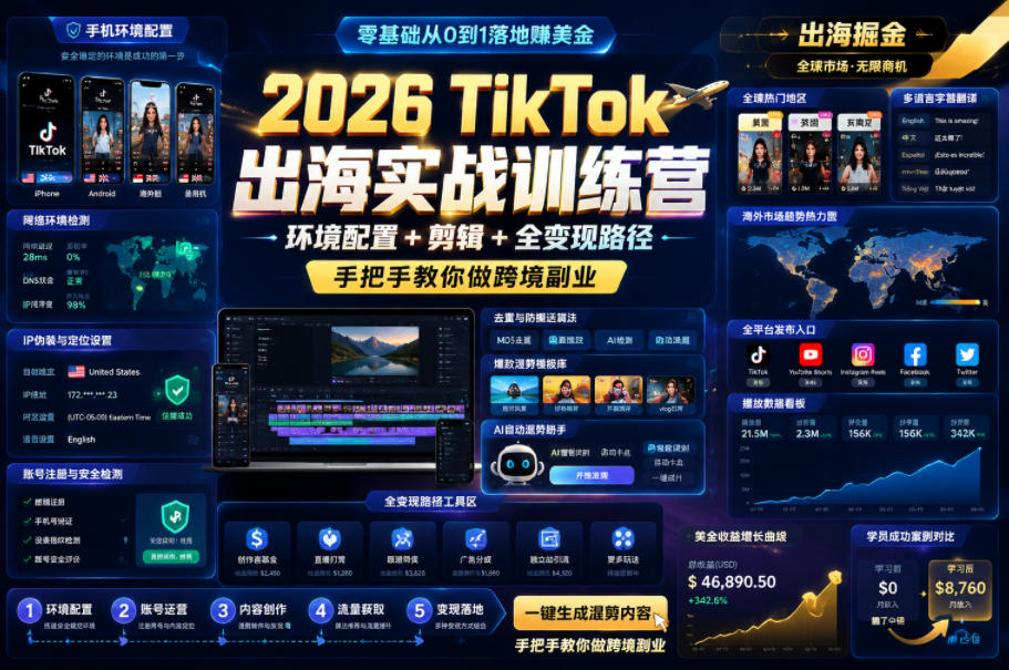 2026 TikTok出海实战训练营，环境配置 + 剪辑 + 全变现路径，手把手教你做跨境副业-雨航网