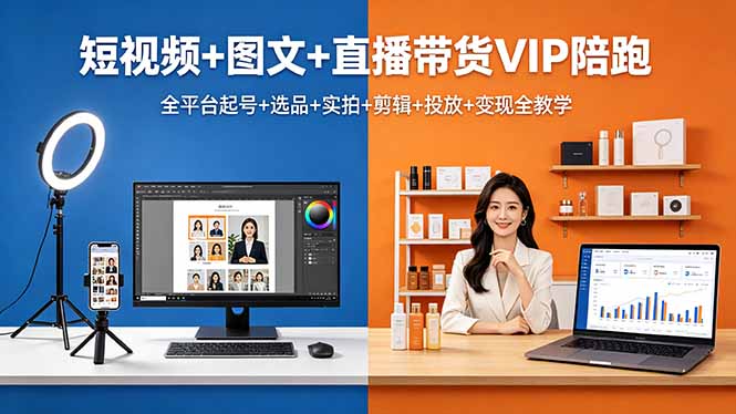 短视频+图文+直播带货VIP陪跑，全平台起号+选品+实拍+剪辑+投放+变现全教学-雨航网