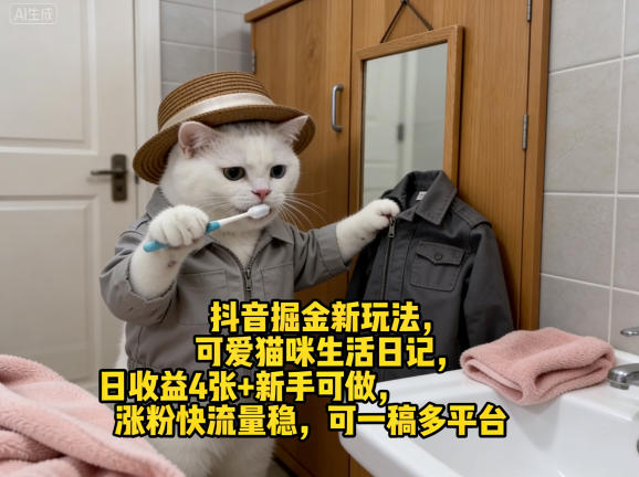 抖音掘金新玩法，可爱猫咪生活日记，日收益4张+新手可做，涨粉快流量稳，可一稿多平台-雨航网