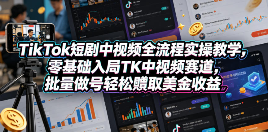TikTok短剧中视频全流程实操教学,零基础入局TK中视频赛道,批量做号轻松賺取美金收益-雨航网