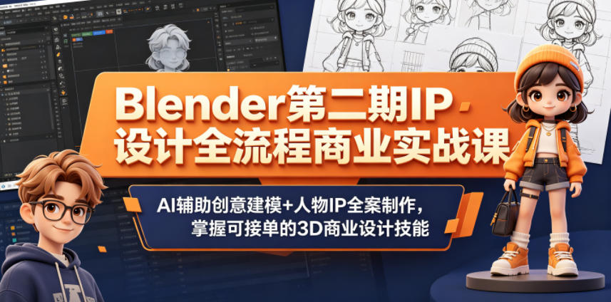 Blender第二期IP设计全流程商业实战课,AI辅助创意建模+人物IP全案制作,掌握可接单的3D商业设计技能-雨航网