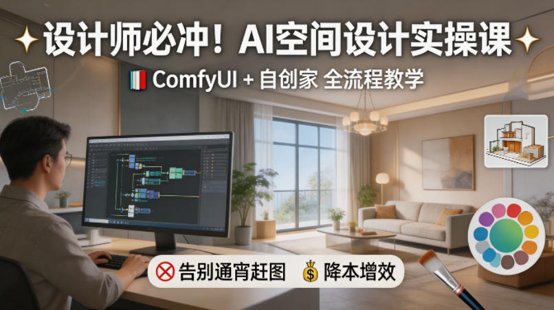 设计师必冲！AI空间设计实操课，ComfyUI+自创家全教学，告别通宵赶图，降本增效-雨航网