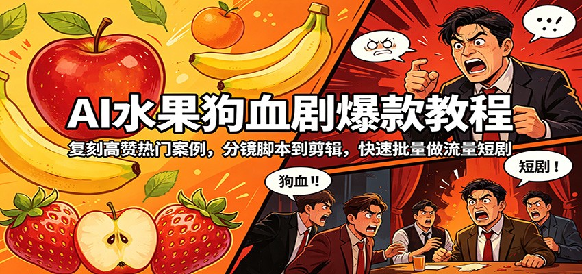 AI水果狗血剧爆款教程：复刻高赞热门案例，分镜脚本到剪辑，快速批量做流量短剧-雨航网