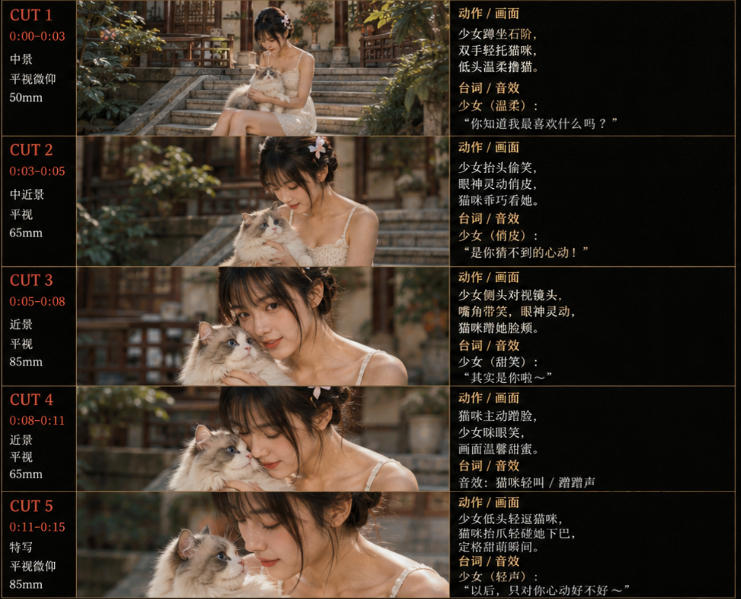 美女和猫故事提示词，人物一致性提示词+故事板-雨航网