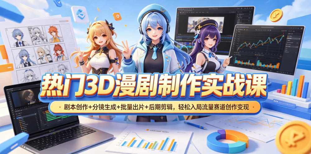 热门3D漫剧制作实战课，剧本创作+分镜生成+批量出片+后期剪辑，轻松入局流量赛道创作变现-雨航网
