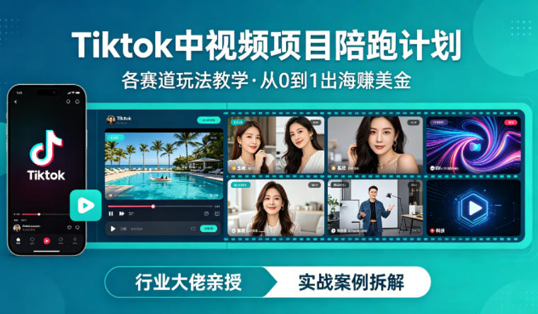 某大佬的Tiktok中视频项目陪跑，涵盖TK各个赛道玩法教学，从0到1出海賺美金-雨航网