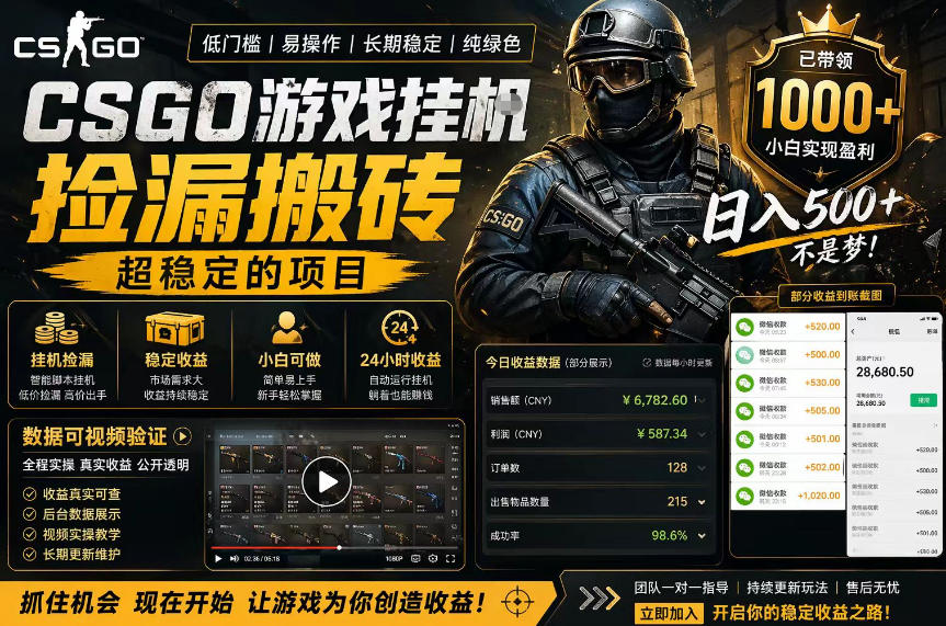 CSGO游戏搬砖，全自动挂G，不需要玩游戏，手机操作日入300+，解放双手【揭秘】-雨航网