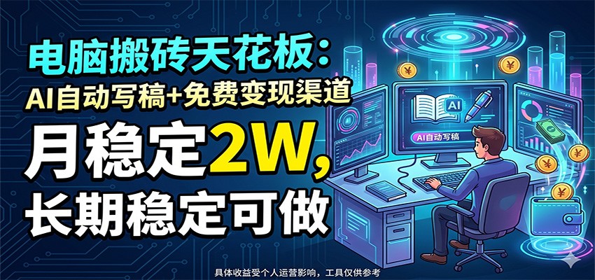 电脑搬砖天花板：AI自动写稿+免费变现渠道，月稳定2W，长期稳定可做-雨航网