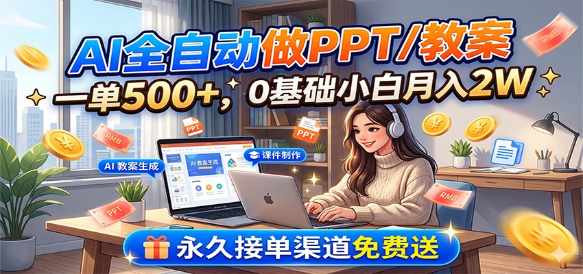 AI全自动做PPT/教案，一单500+，0基础小白月入2W，永久接单渠道免费送-雨航网
