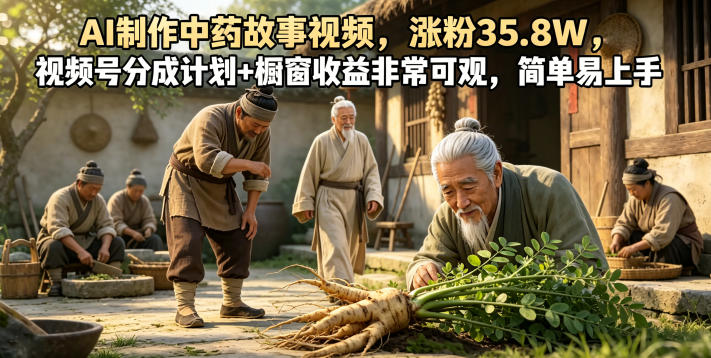 AI制作中药故事视频，涨粉35.8W，视频号分成计划+橱窗收益非常可观，简单易上手-雨航网