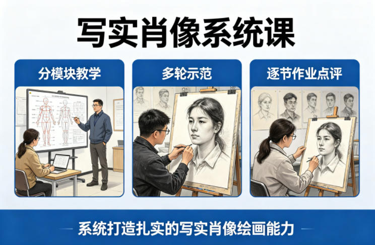 写实肖像系统课，全程分模块教学+多轮示范+逐节作业点评，系统打造扎实的写实肖像绘画能力-雨航网