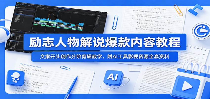 励志人物解说爆款内容教程：文案开头创作分阶剪辑教学，附AI 工具影视资源全套资料-雨航网