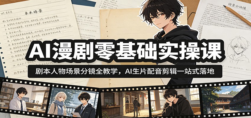 AI漫剧零基础实操课：剧本人物场景分镜全教学，AI生片配音剪辑一站式落地-雨航网