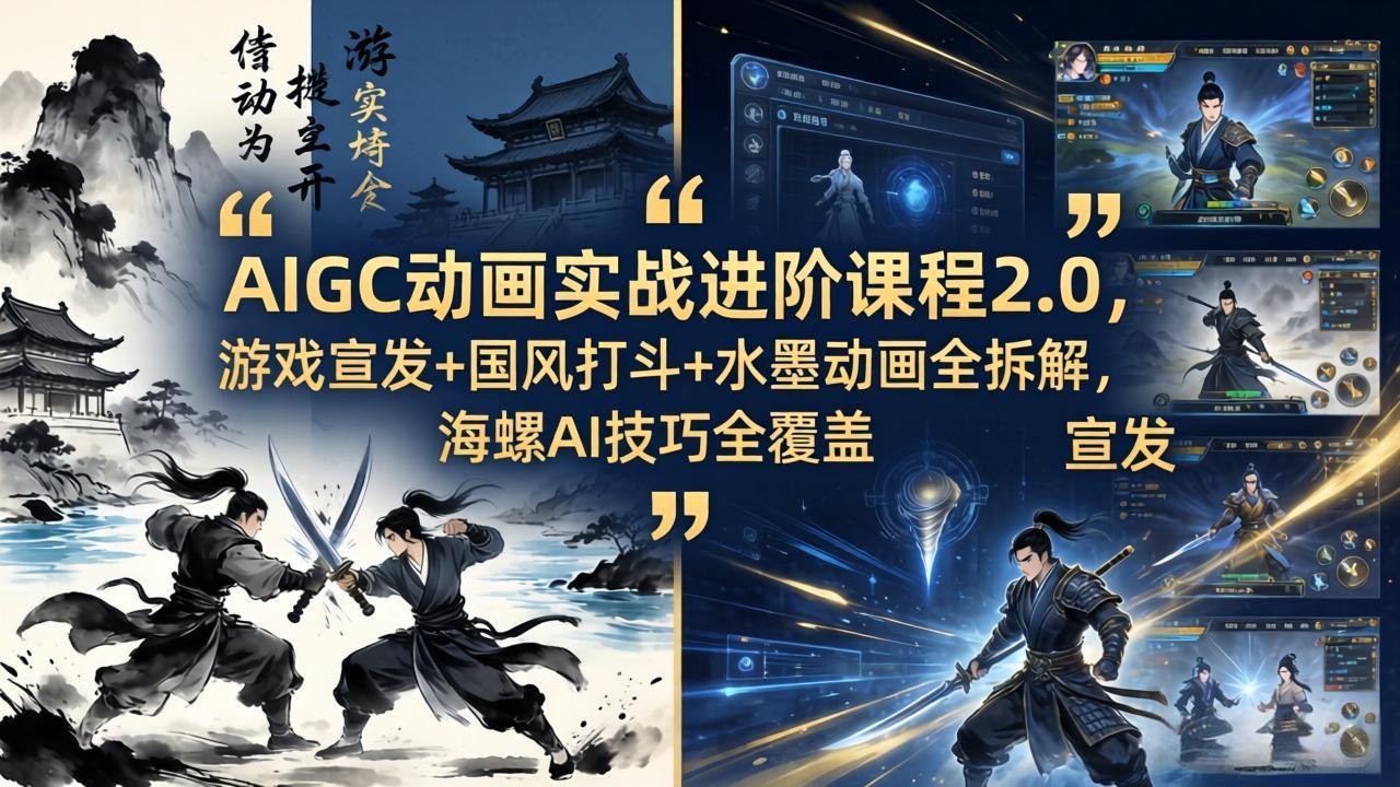 AIGC动画实战进阶课程2.0，游戏宣发+国风打斗+水墨动画全拆解，海螺AI技巧全覆盖-雨航网