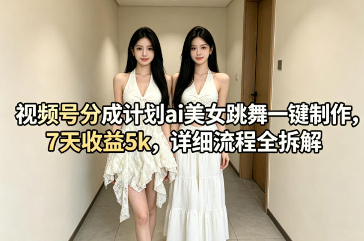 视频号分成计划ai美女跳舞一键制作，7天收益5k，详细流程全拆解-雨航网