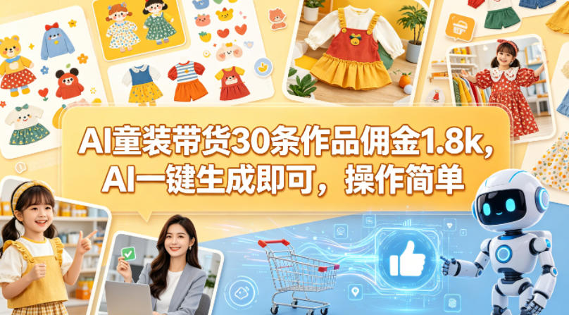 AI童装带货30条作品佣金1.8k，AI一键生成即可，操作简单-雨航网