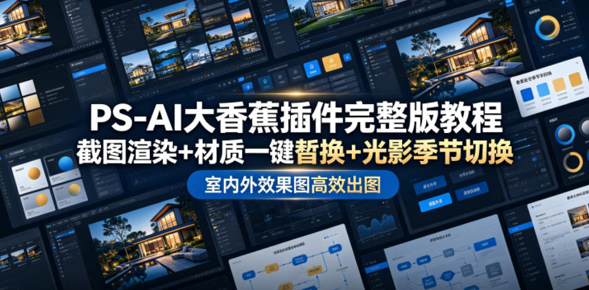 PS-AI大香蕉插件完整版教程，截图渲染+材质一键替换+光影季节切换，室内外效果图高效出图高阶课程-雨航网
