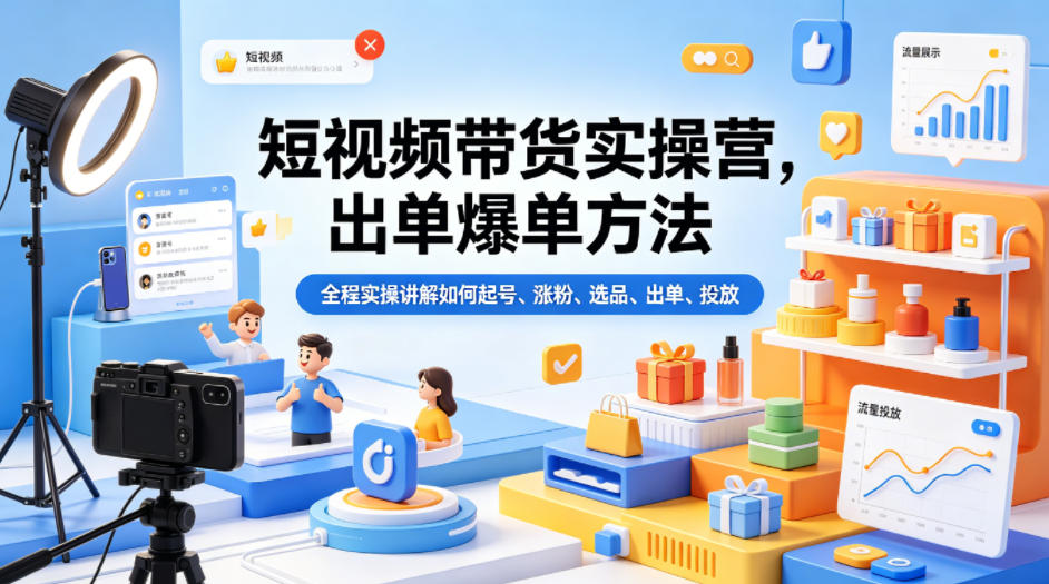 短视频带货实操营，出单爆单方法，全程实操讲解如何起号、涨粉、选品、出单、投放-雨航网