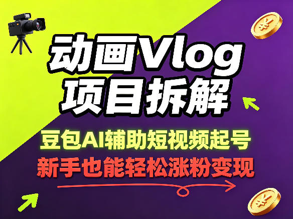 动画Vlog项目拆解,豆包AI辅助短视频起号,新手也能轻松涨粉,43条作品涨粉8.3W-雨航网