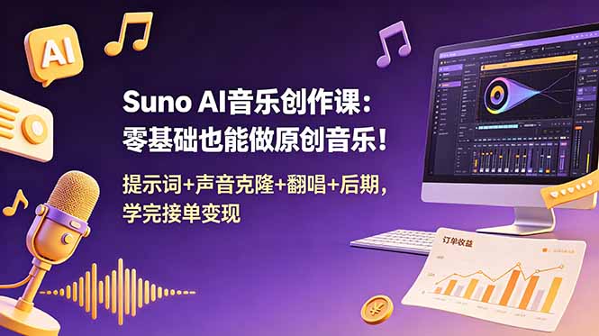 Suno AI音乐创作课：零基础也能做原创音乐！提示词+声音克隆+翻唱+后期，学完接单变现-雨航网