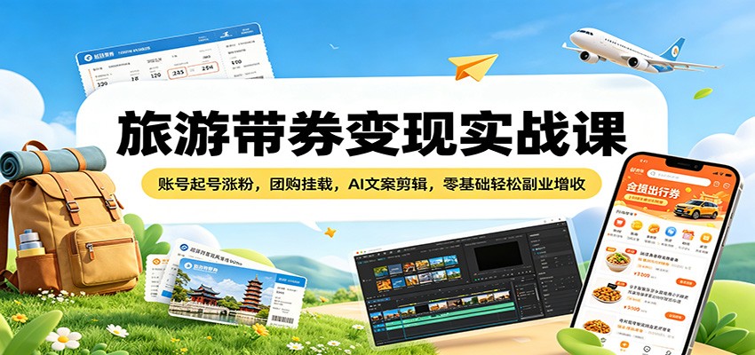 旅游带券变现实战课：账号起号涨粉，团购挂载，AI文案剪辑，零基础轻松副业增收-雨航网