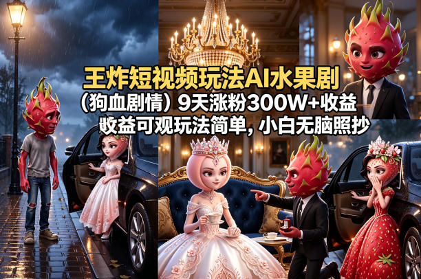 王炸短视频玩法AI水果剧(狗血剧情)9天涨粉300W+收益可观玩法简单，小白无脑照抄，详细拆解玩法-雨航网