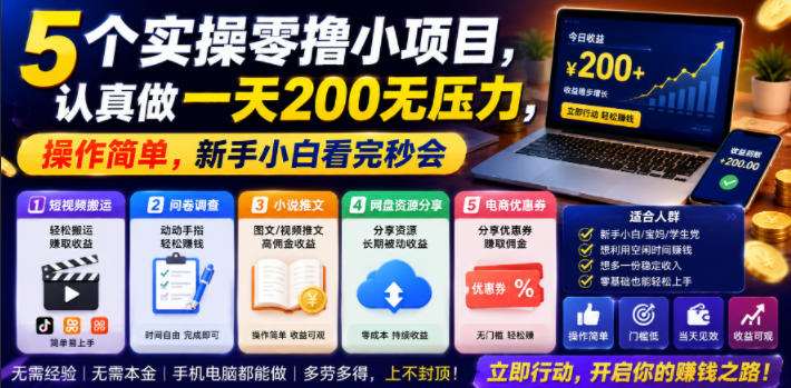 5个实操零撸小项目，认真做一天200无压力，操作简单，新手小白看完秒会【揭秘】-雨航网