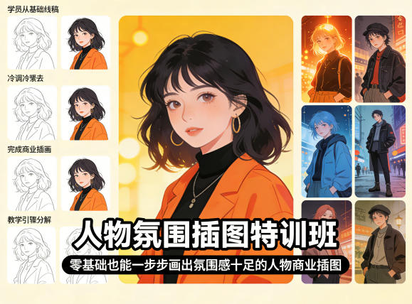 人物氛围插图特训班，零基础也能一步步画出氛围感十足的人物商业插图-雨航网
