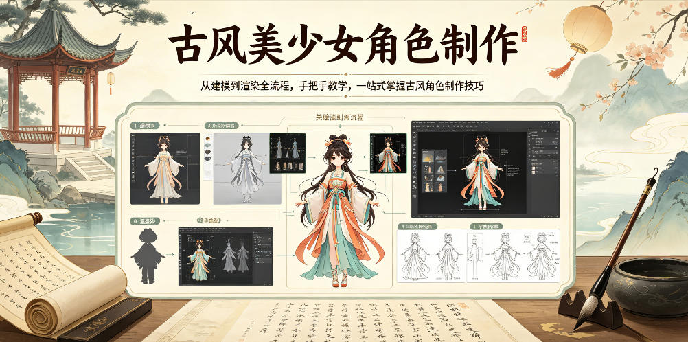 古风美少女角色制作,从建模到渲染全流程,手把手教学,一站式掌握古风角色制作技巧-雨航网