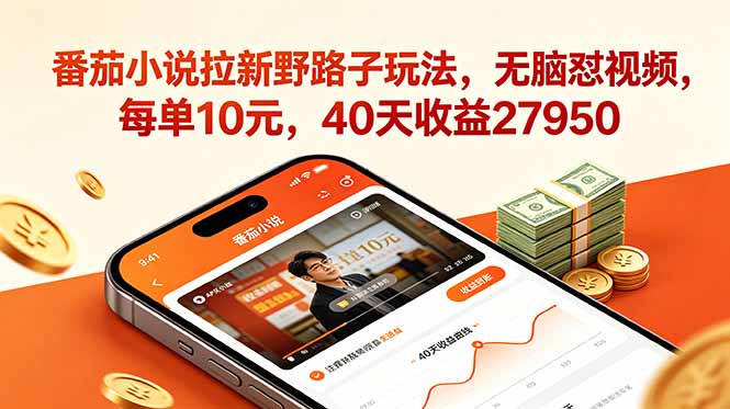 番茄小说拉新野路子玩法，无脑怼视频，每单10元，40天收益27950-雨航网