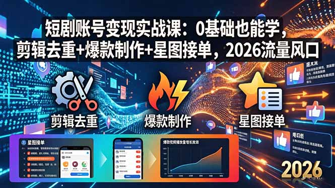 短剧账号变现实战课：0基础也能学，剪辑去重+爆款制作+星图接单，2026流量风口-雨航网