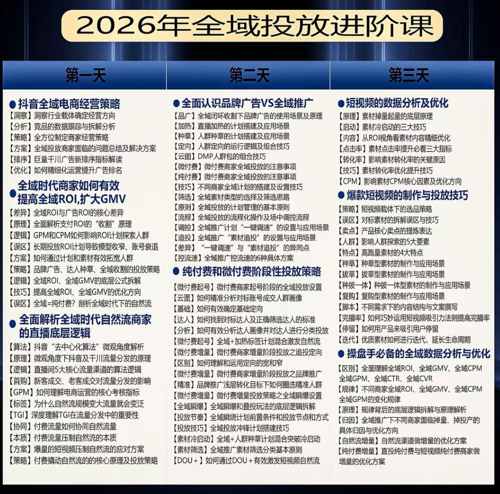 千川扫地僧2026抖音全域投放进阶课，少走弯路·快速起量·掌控增长，6月12-14号杭州线下课(更新)-雨航网