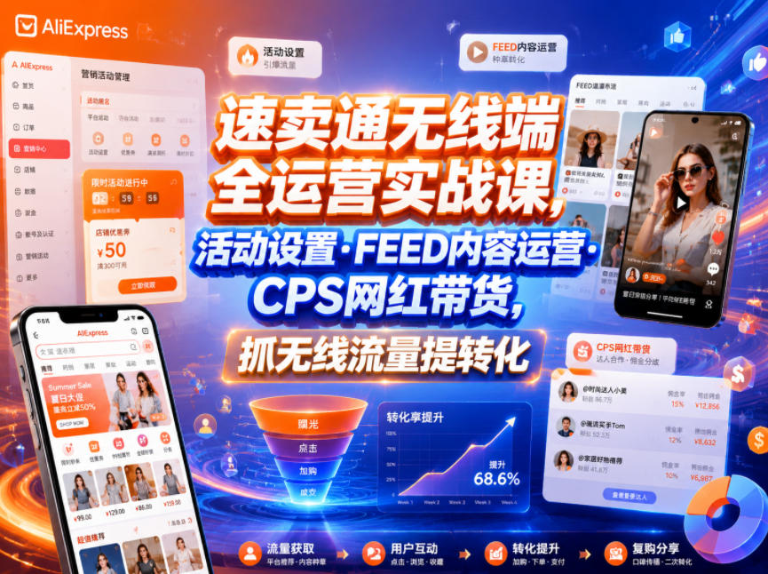 速卖通无线端全运营实战课，活动设置・FEED内容运营・CPS网红带货，抓无线流量提转化-雨航网